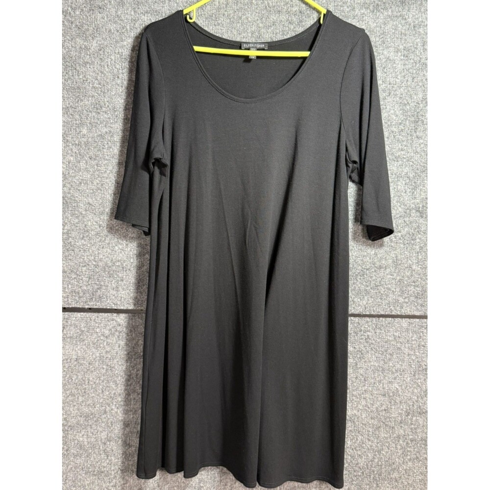 Eileen Fisher Womens Large Black Midi Dress 3/4 Sleeve Minimalist